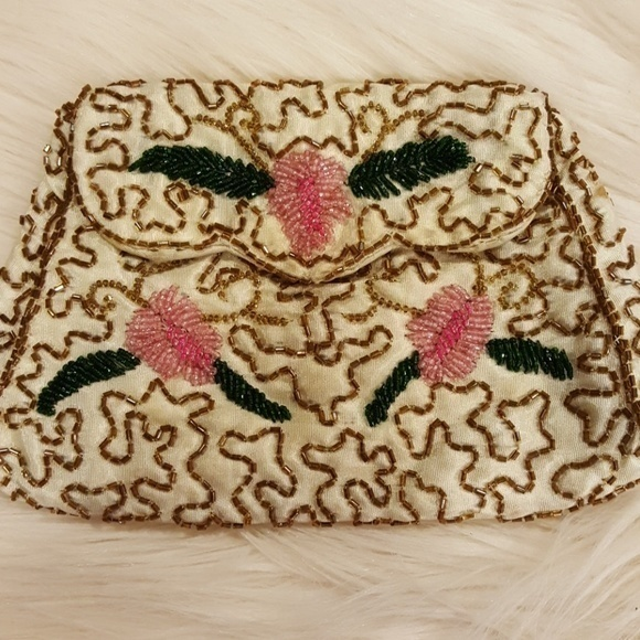 SEQUIN‎ FLORAL BEADED MINI PURSE COSMETICS - Picture 1 of 5